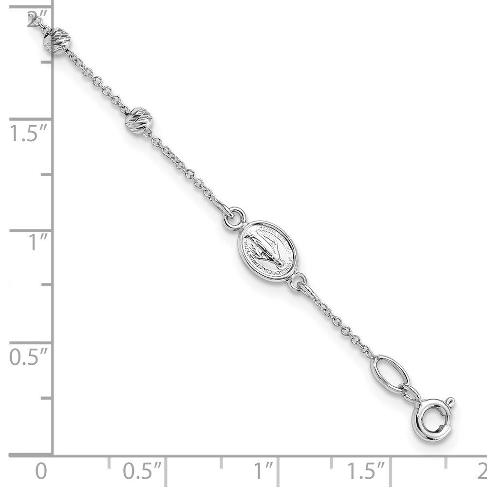 14k White Gold Diamond-cut Cross and Miraculous Medal .75in ext. Bracelet  length: 6.75 inches