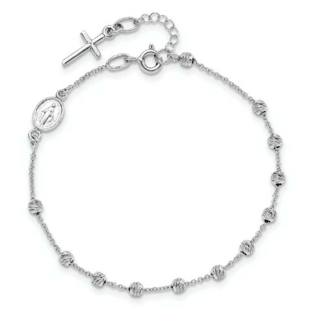 14k White Gold Diamond-cut Cross and Miraculous Medal .75in ext. Bracelet  length: 6.75 inches