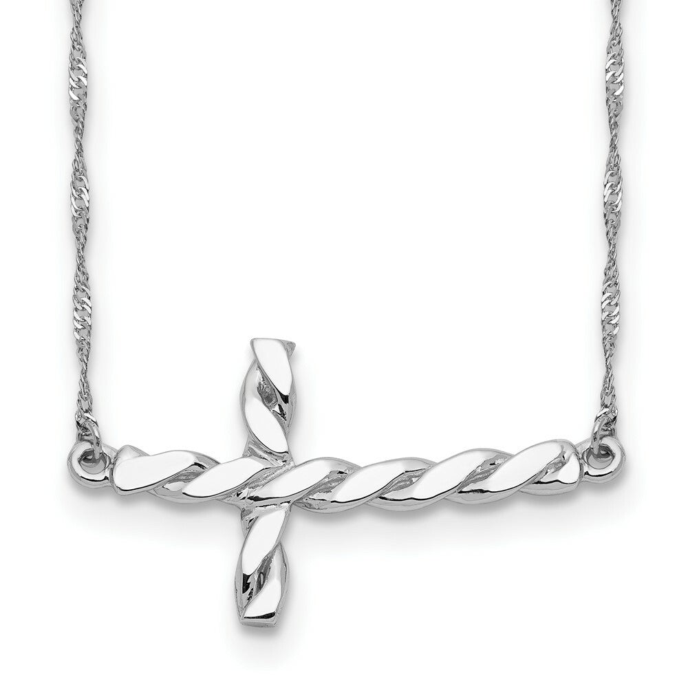 14k White Gold Polished Twisted Sideways Cross Necklace  length: 17 inches