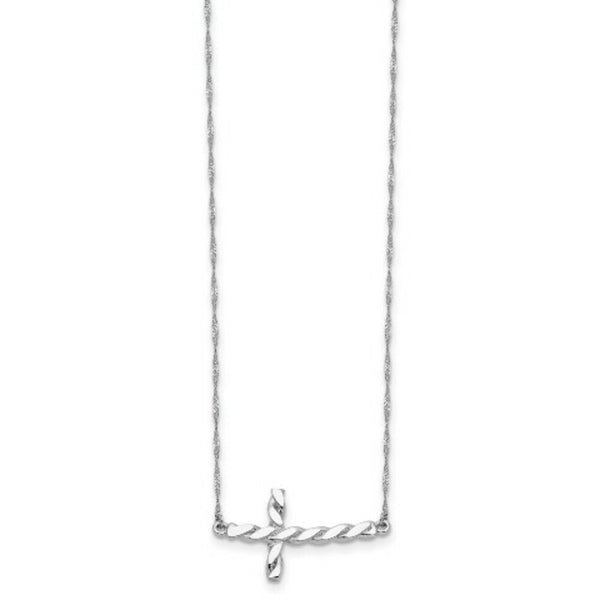 14k White Gold Polished Twisted Sideways Cross Necklace  length: 17 inches