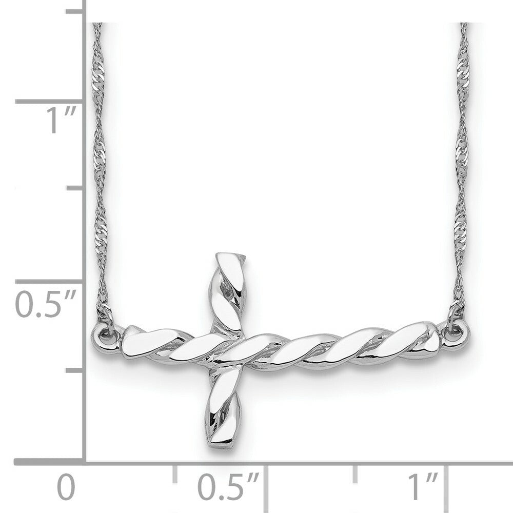 14k White Gold Polished Twisted Sideways Cross Necklace  length: 17 inches