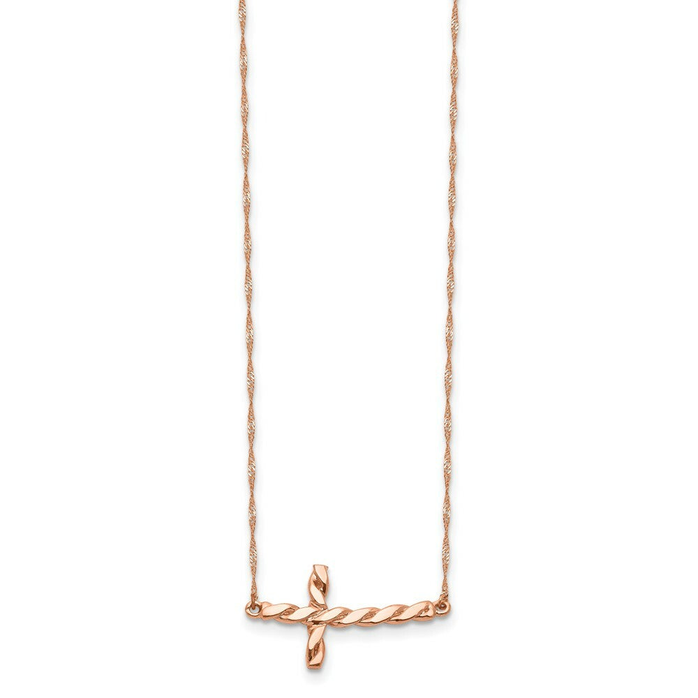 14k Rose Gold Polished Twisted Sideways Cross Necklace  length: 17 inches