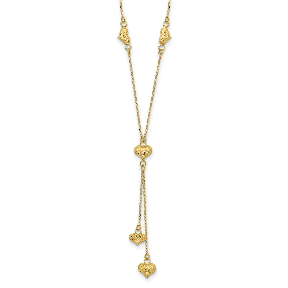 14K Yellow Gold Diamond-cut Puffed Hearts Y-Necklace  length: 18 inches