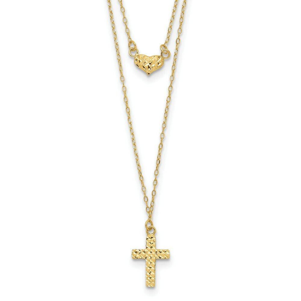 14K Yellow Gold 2-Strand Diamond-cut Cross & Heart w/2in. Ext. Necklace  length: 18 inches