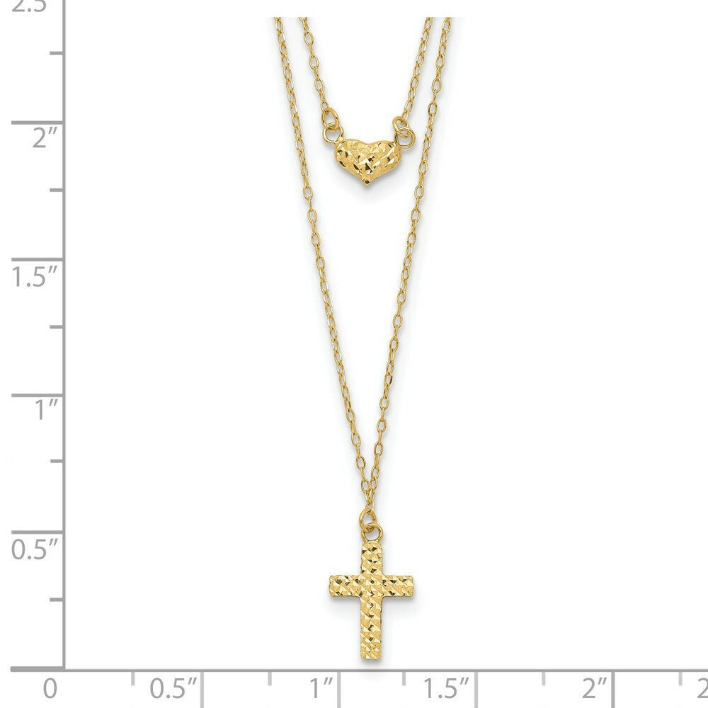 14K Yellow Gold 2-Strand Diamond-cut Cross & Heart w/2in. Ext. Necklace  length: 18 inches