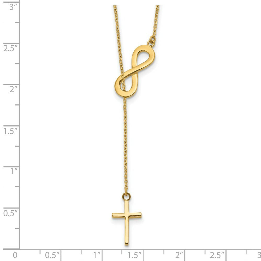 14K Yellow Gold Infinity & Cross Lariat Necklace  length: 18 inches