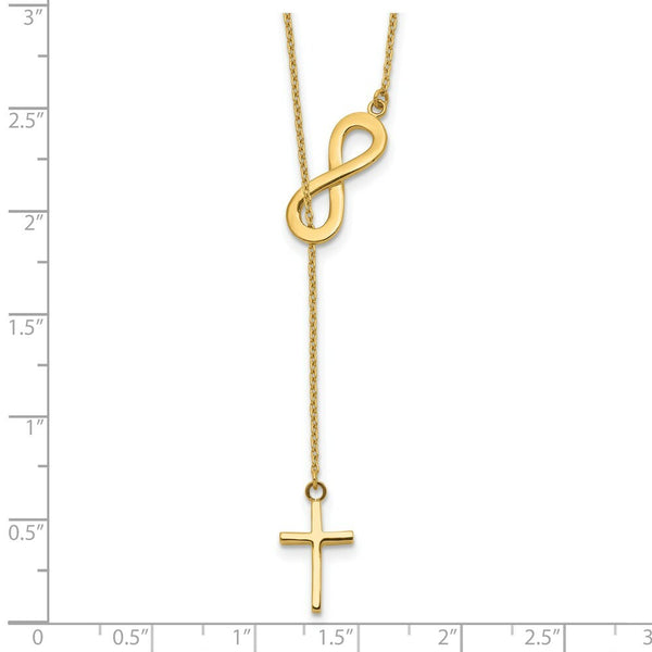 14K Yellow Gold Infinity & Cross Lariat Necklace  length: 18 inches