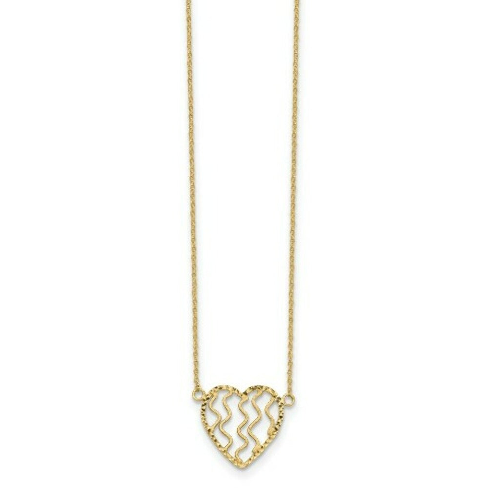 14K Yellow Gold Satin and Diamond-cut Heart 18in Necklace  length: 18 inches