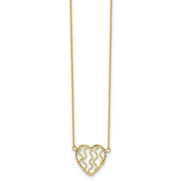 14K Yellow Gold Satin and Diamond-cut Heart 18in Necklace  length: 18 inches