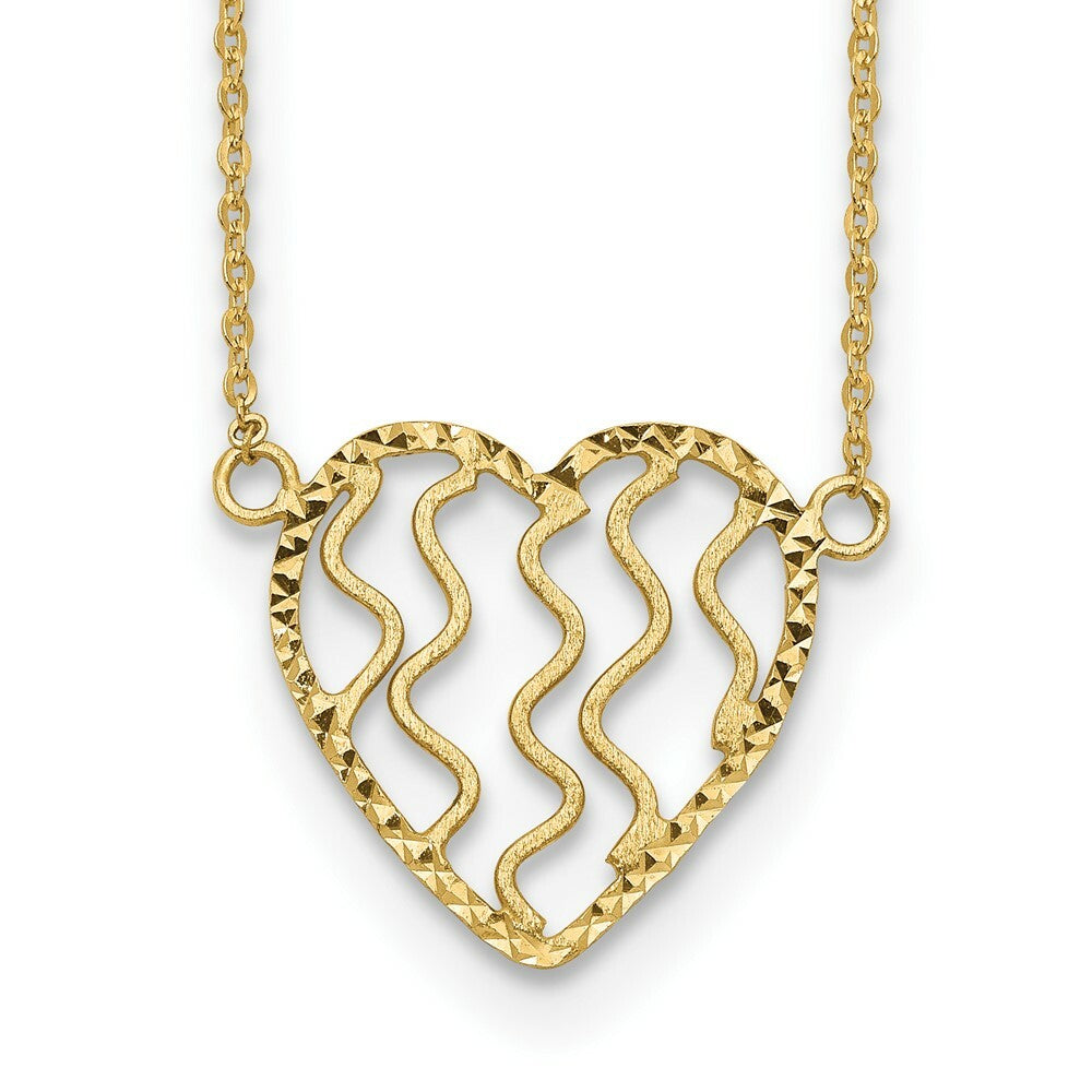 14K Yellow Gold Satin and Diamond-cut Heart 18in Necklace  length: 18 inches