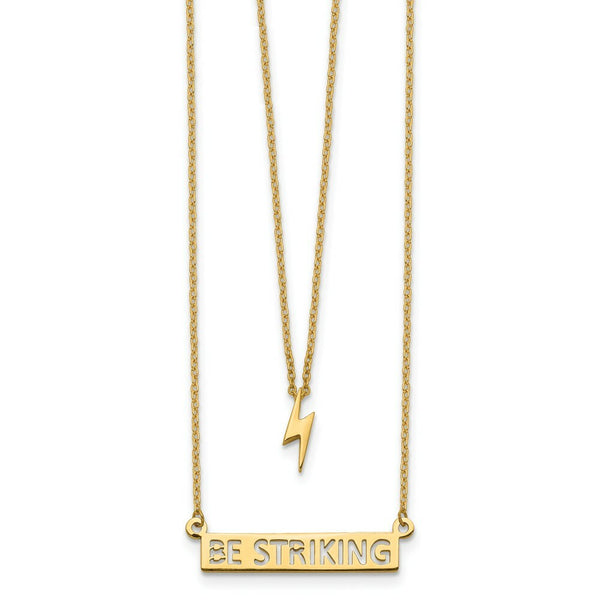 14k Yellow Gold Two-Strand Lightning and BE STRIKING Text Bar Necklace  length: 17 inches