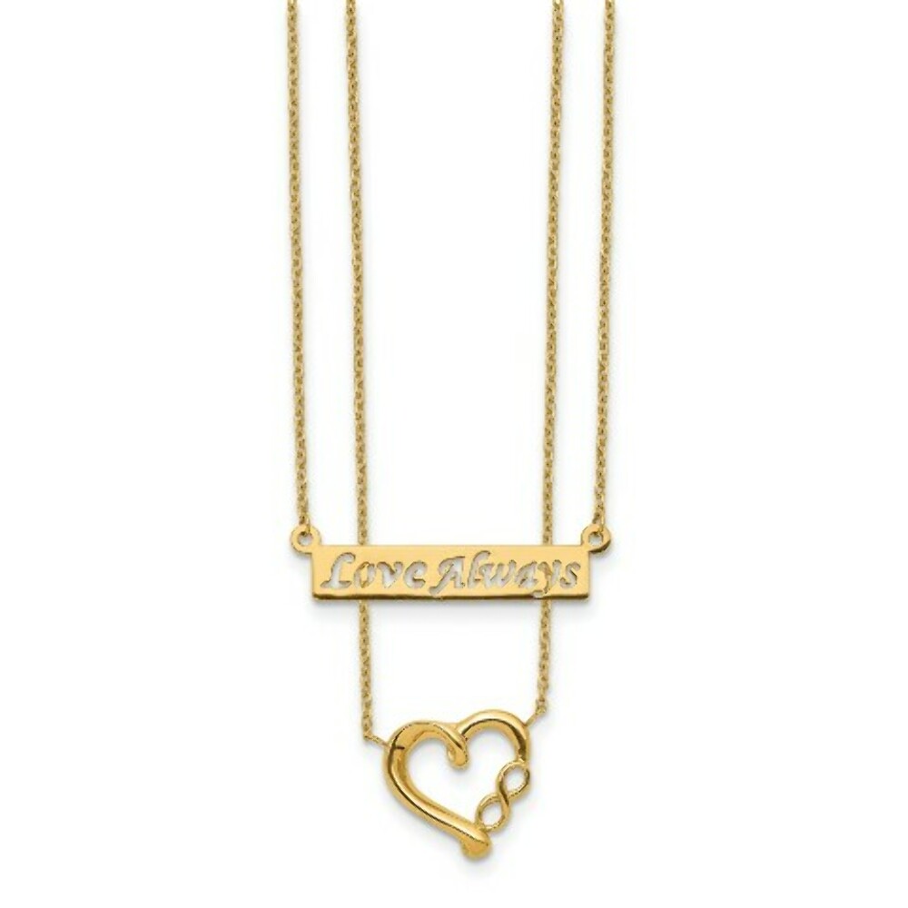 14k Yellow Gold Two-Strand Love Always Text Bar and Heart Necklace  length: 17 inches