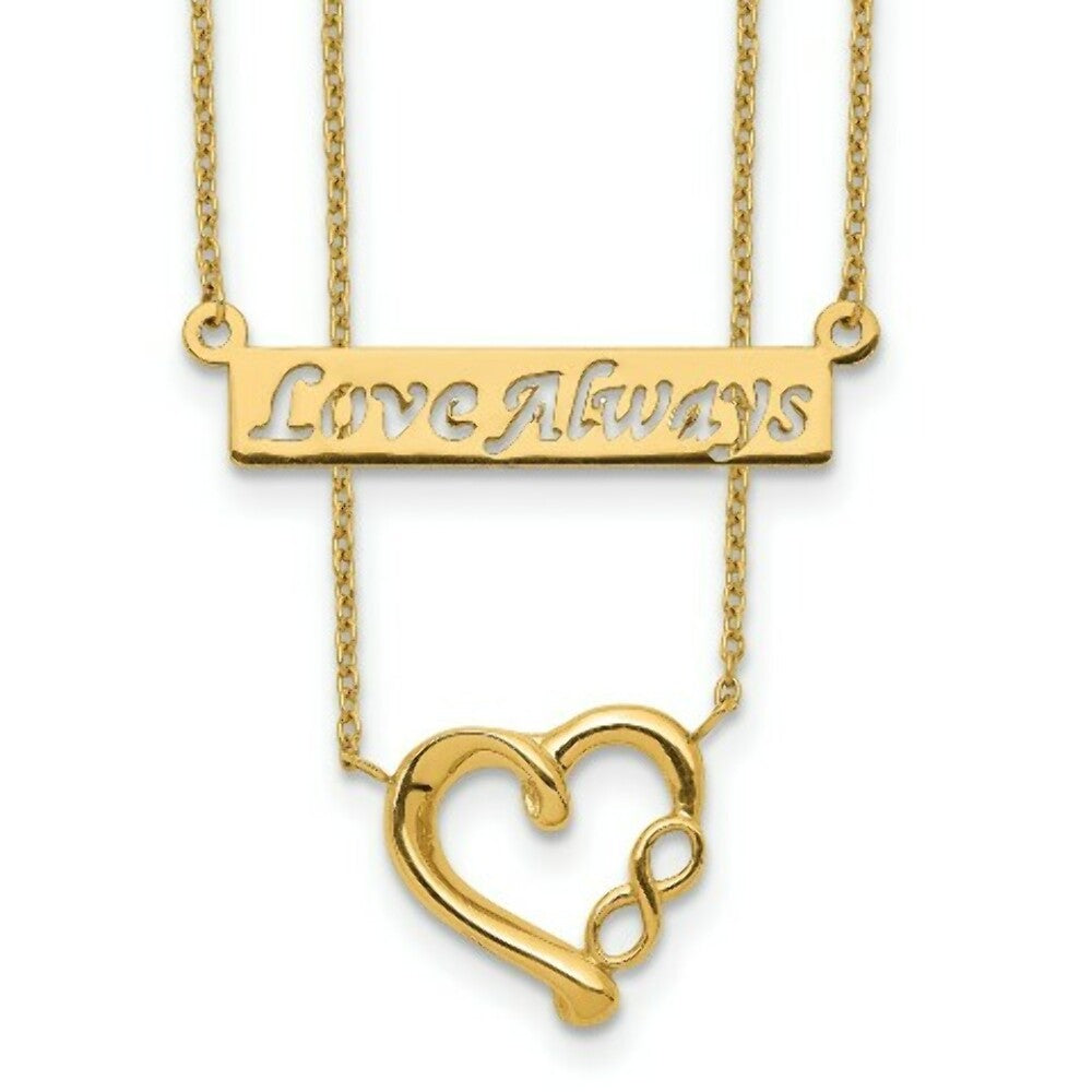 14k Yellow Gold Two-Strand Love Always Text Bar and Heart Necklace  length: 17 inches
