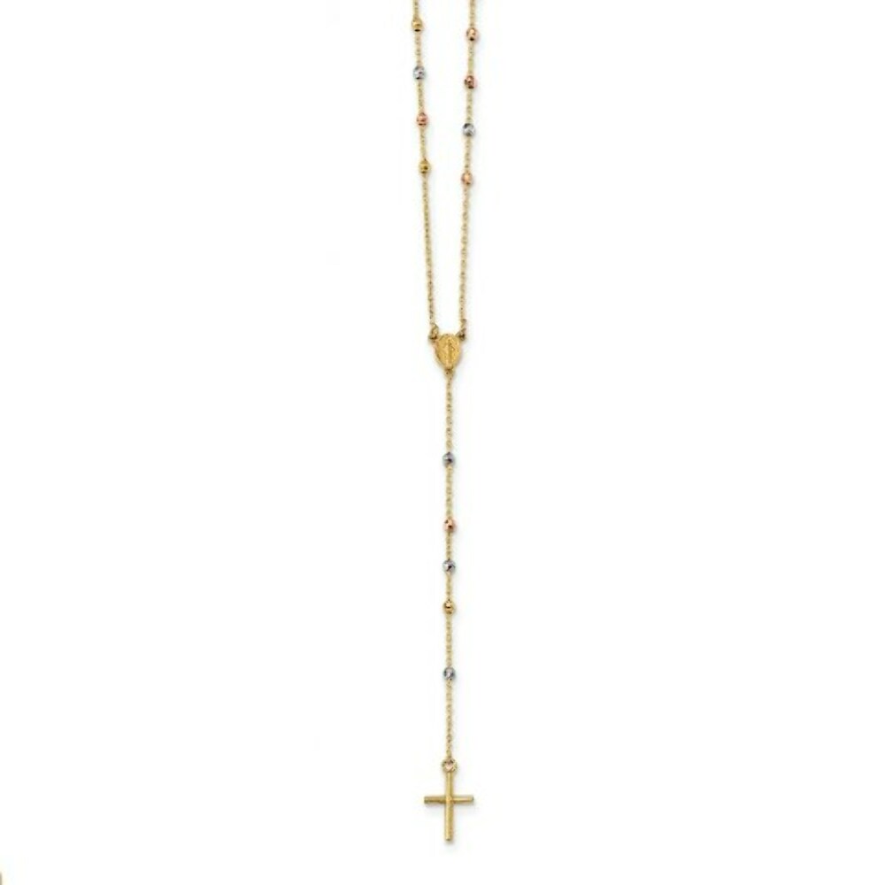 14k Tri Color Gold Polished Miraculous Rosary  length: 24 inches