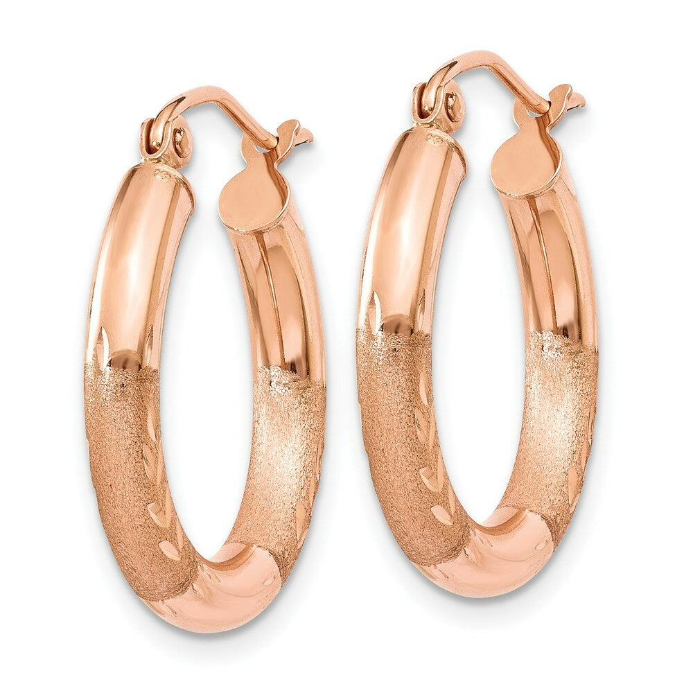 14K Rose Gold 3mm Satin & Diamond-cut Hoop Earrings  14mm length