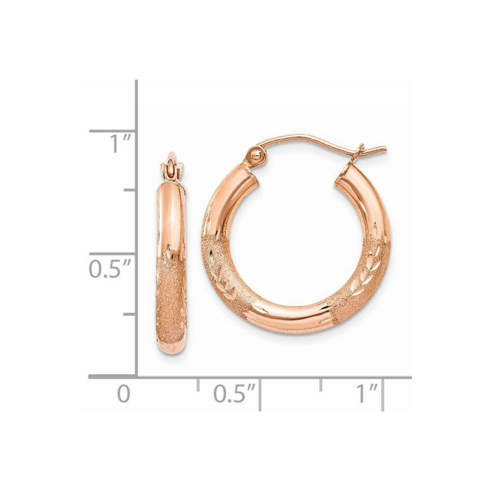 14K Rose Gold 3mm Satin & Diamond-cut Hoop Earrings  14mm length
