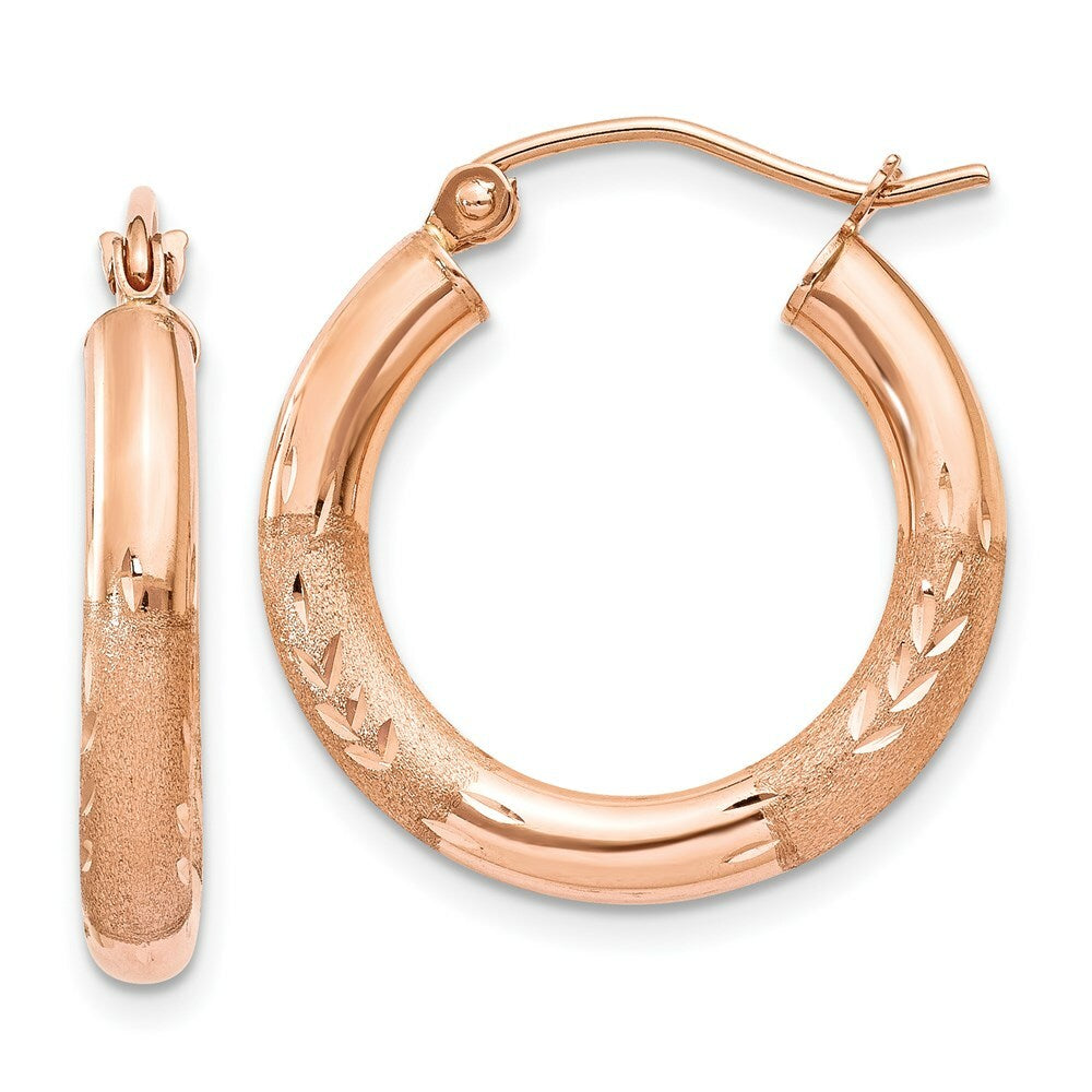 14K Rose Gold 3mm Satin & Diamond-cut Hoop Earrings  14mm length