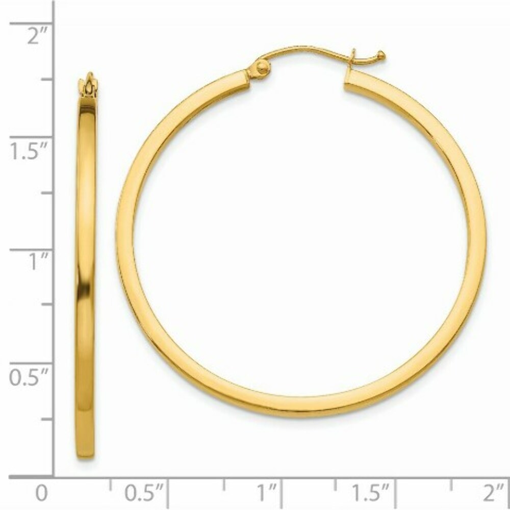 14K Yellow Gold 2mm Square Tube Hoop Earrings  40mm length