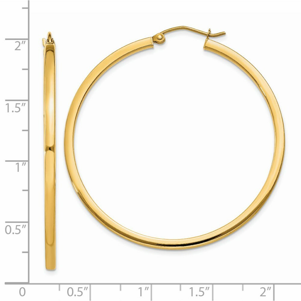 14K Yellow Gold 2mm Square Tube Hoop Earrings  45mm length