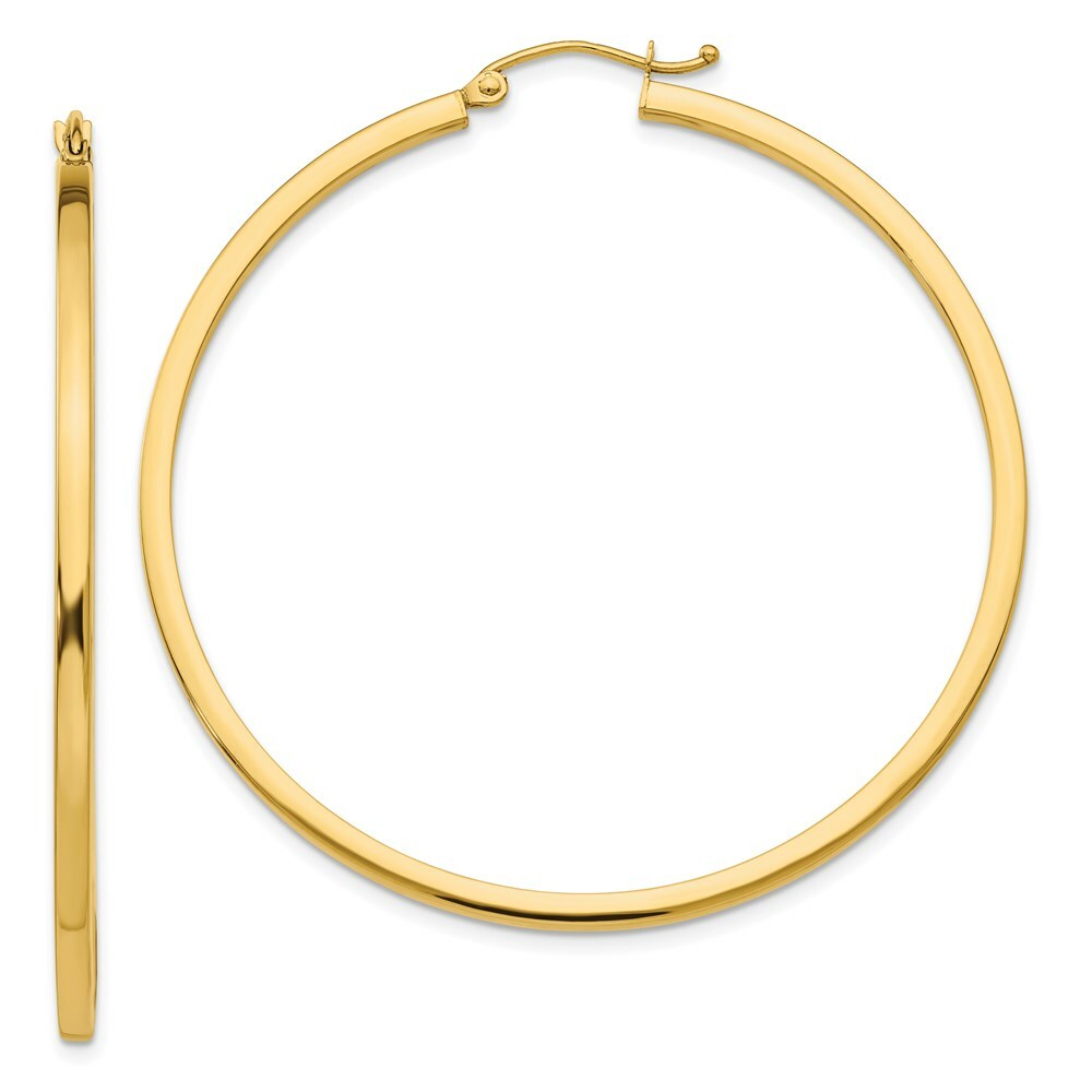 14K Yellow Gold 2mm Square Tube Hoop Earrings  50mm length