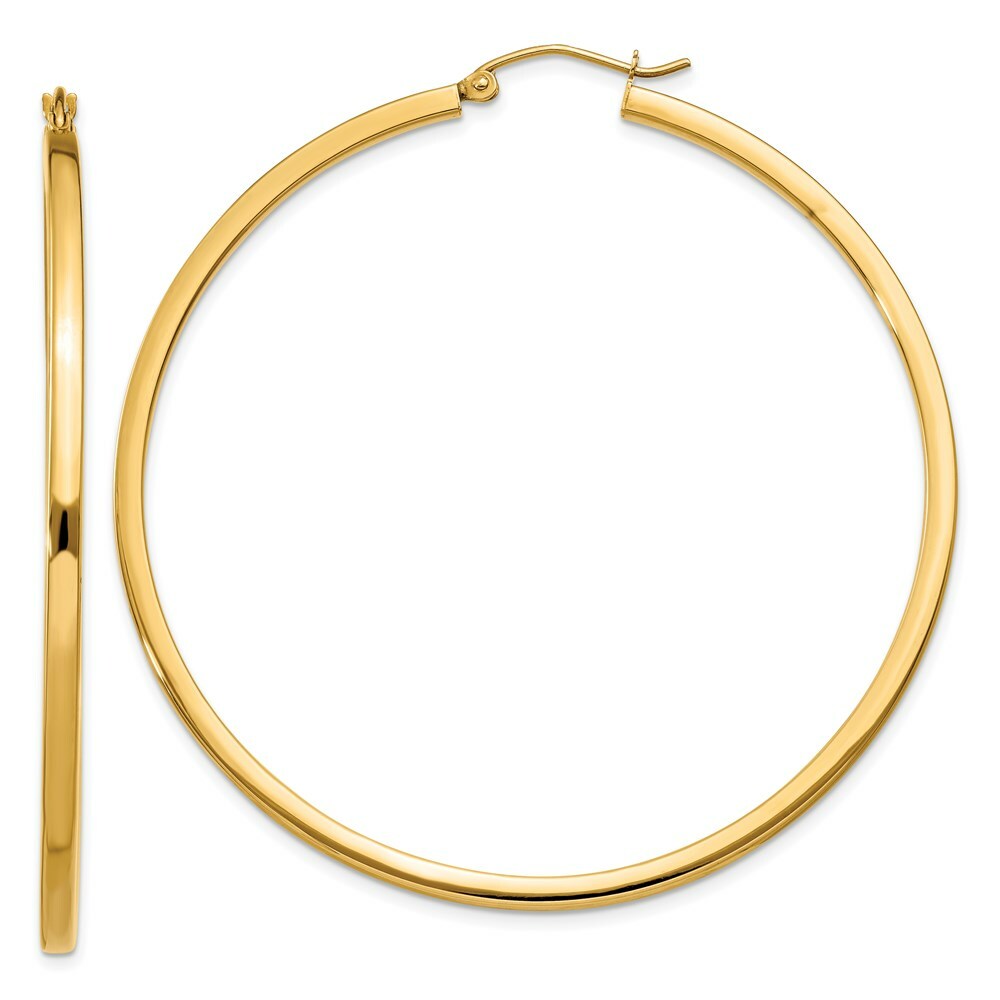 14K Yellow Gold 2mm Square Tube Hoop Earrings  55mm length