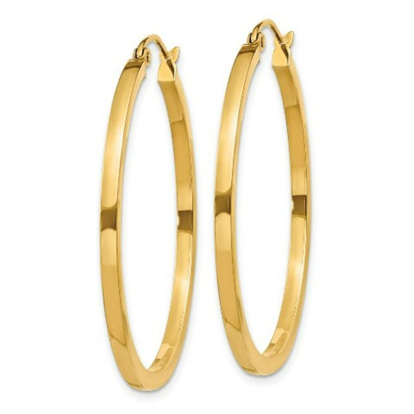 14K Yellow Gold 2mm Square Tube Hoop Earrings  35mm length
