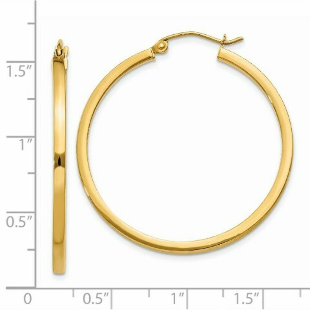 14K Yellow Gold 2mm Square Tube Hoop Earrings  35mm length