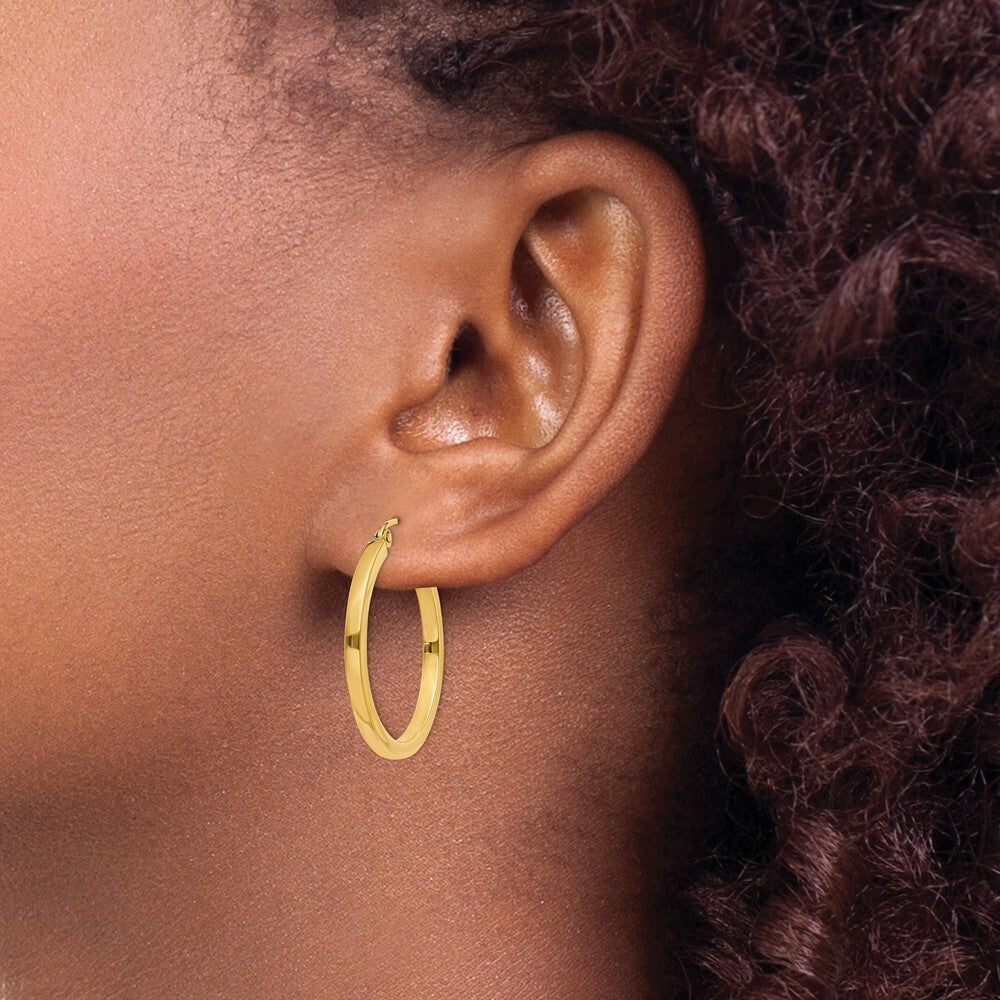 14K Yellow Gold 2mm Square Tube Hoop Earrings  25mm length