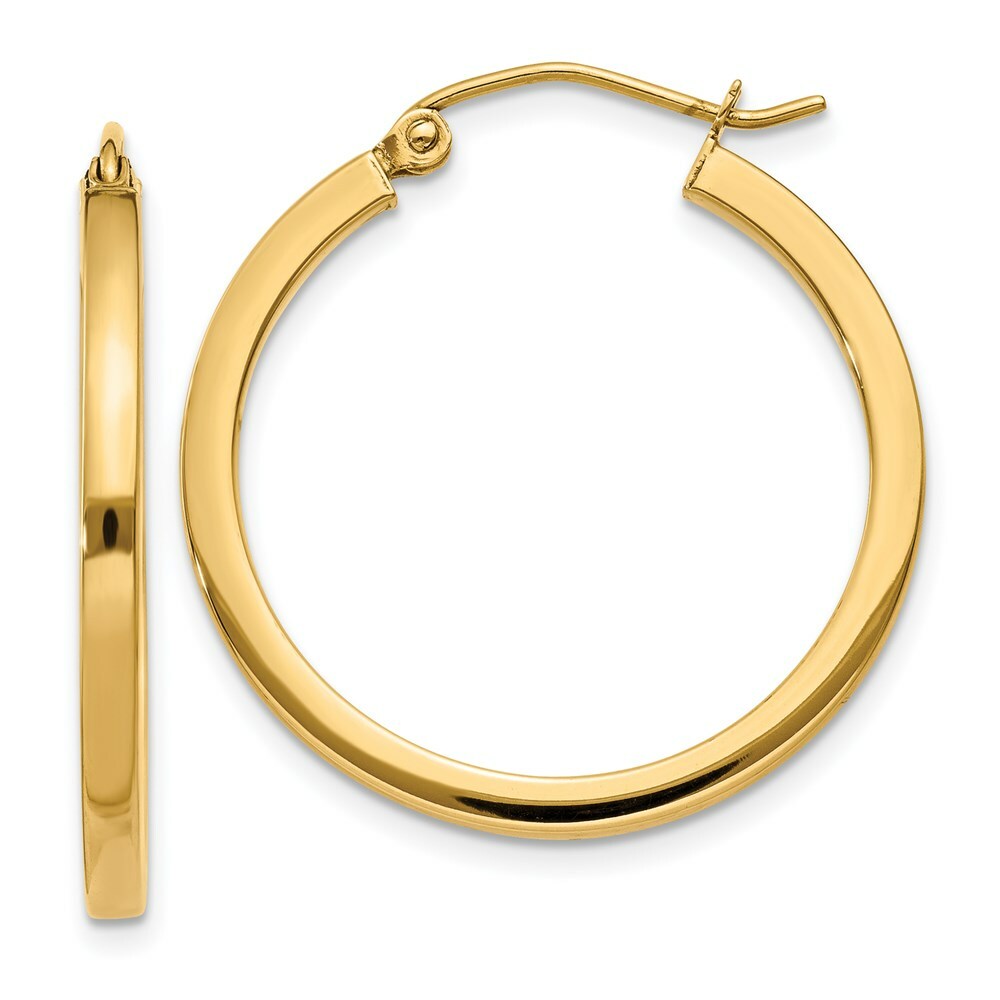 14K Yellow Gold 2mm Square Tube Hoop Earrings  25mm length