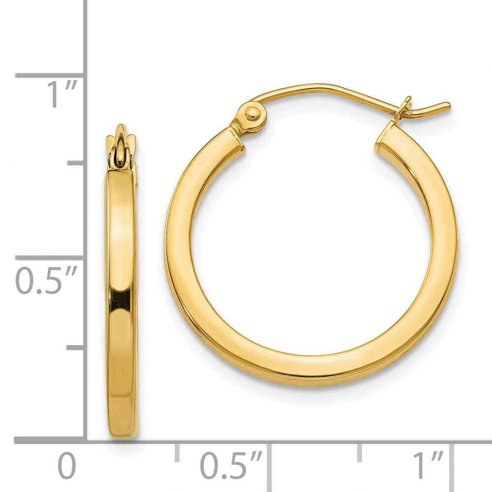 14K Yellow Gold 2mm Square Tube Hoop Earrings  20mm length