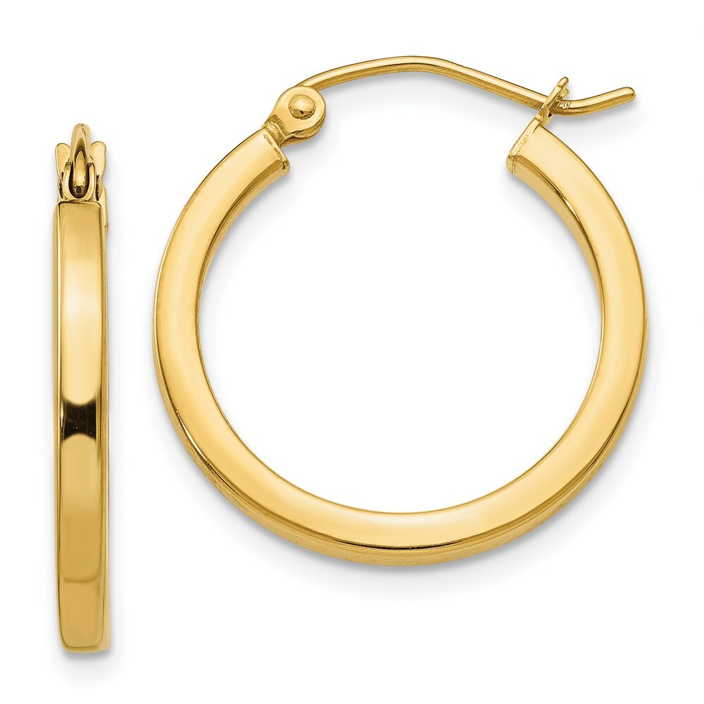 14K Yellow Gold 2mm Square Tube Hoop Earrings  20mm length