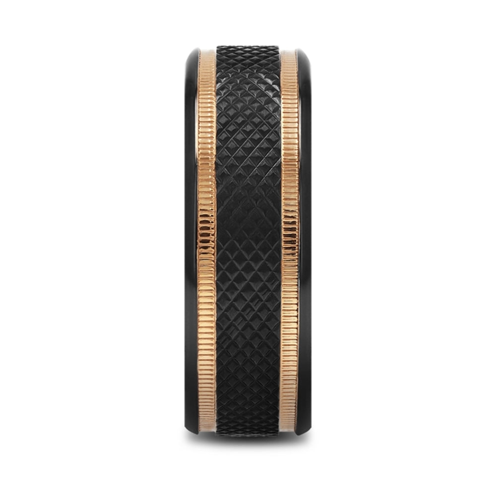Mens Black Titanium Diamond Pattern Wedding Ring - Brushed Finish - Gold Milgrain Grooves - 8mm Wide -  Style name: BAROQUE - Lifetime Warranty