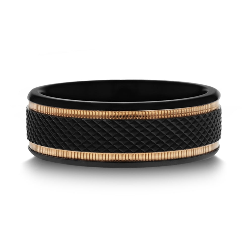 Mens Black Titanium Diamond Pattern Wedding Ring - Brushed Finish - Gold Milgrain Grooves - 8mm Wide -  Style name: BAROQUE - Lifetime Warranty