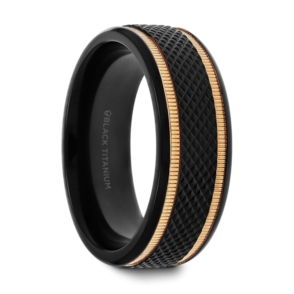 Mens Black Titanium Diamond Pattern Wedding Ring - Brushed Finish - Gold Milgrain Grooves - 8mm Wide -  Style name: BAROQUE - Lifetime Warranty
