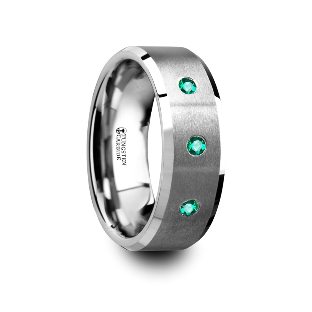 Mens Comfort Fit -Brushed Tungsten Wedding Ring - Polished Beveled Edges - 3 Emeralds - 8mm Wide - Style name: ICARUS