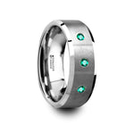 Load image into Gallery viewer, Mens Comfort Fit -Brushed Tungsten Wedding Ring - Polished Beveled Edges - 3 Emeralds - 8mm Wide - Style name: ICARUS
