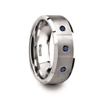 Load image into Gallery viewer, Mens Comfort Fit -Tungsten Satin Finished Center Polished Beveled Edges Wedding Band - 3 Blue Sapphires - 8mm Wide - Style name: NAUTILUS - Lifetime Warranty
