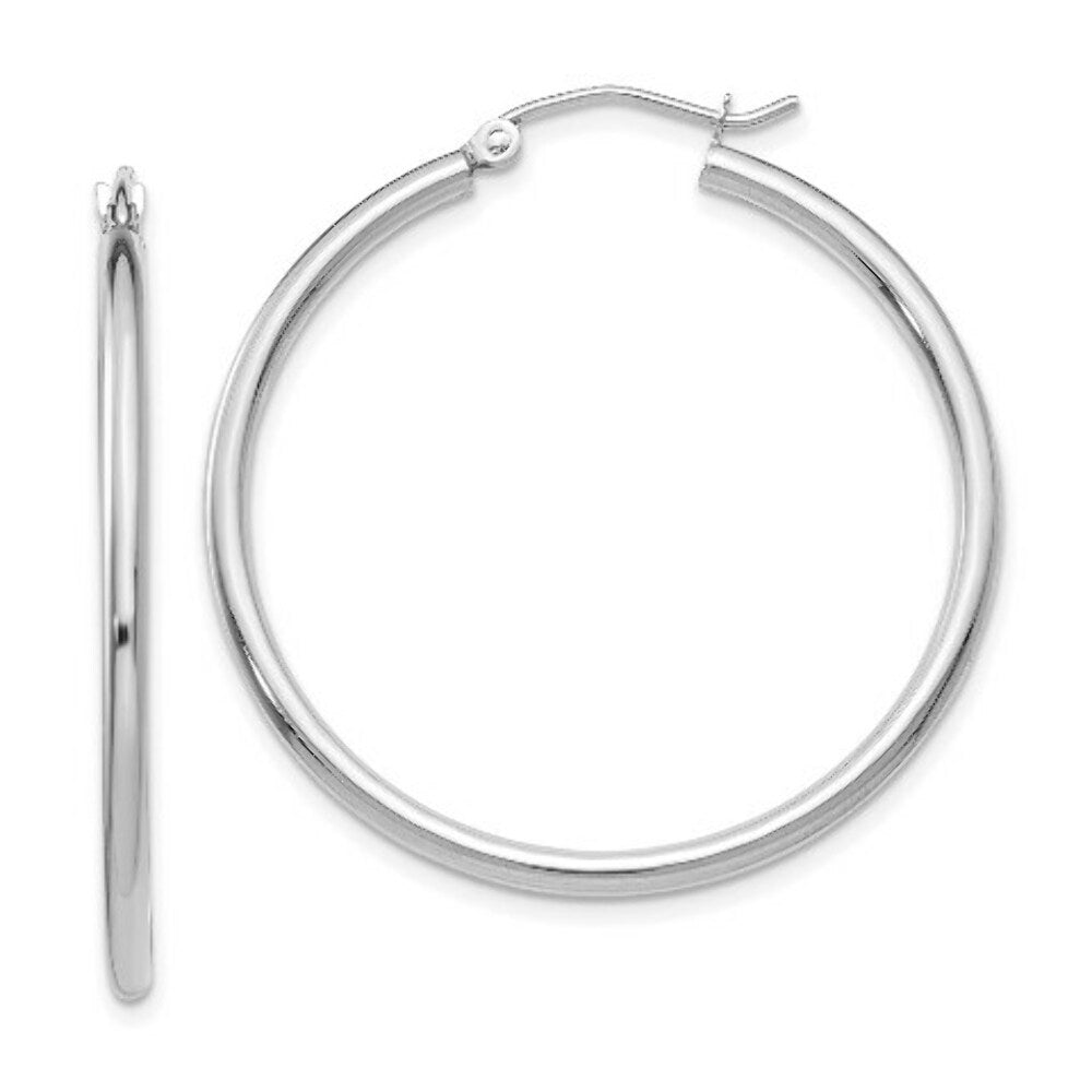 14K White Gold 2mm Round Hoop Earrings  35mm length