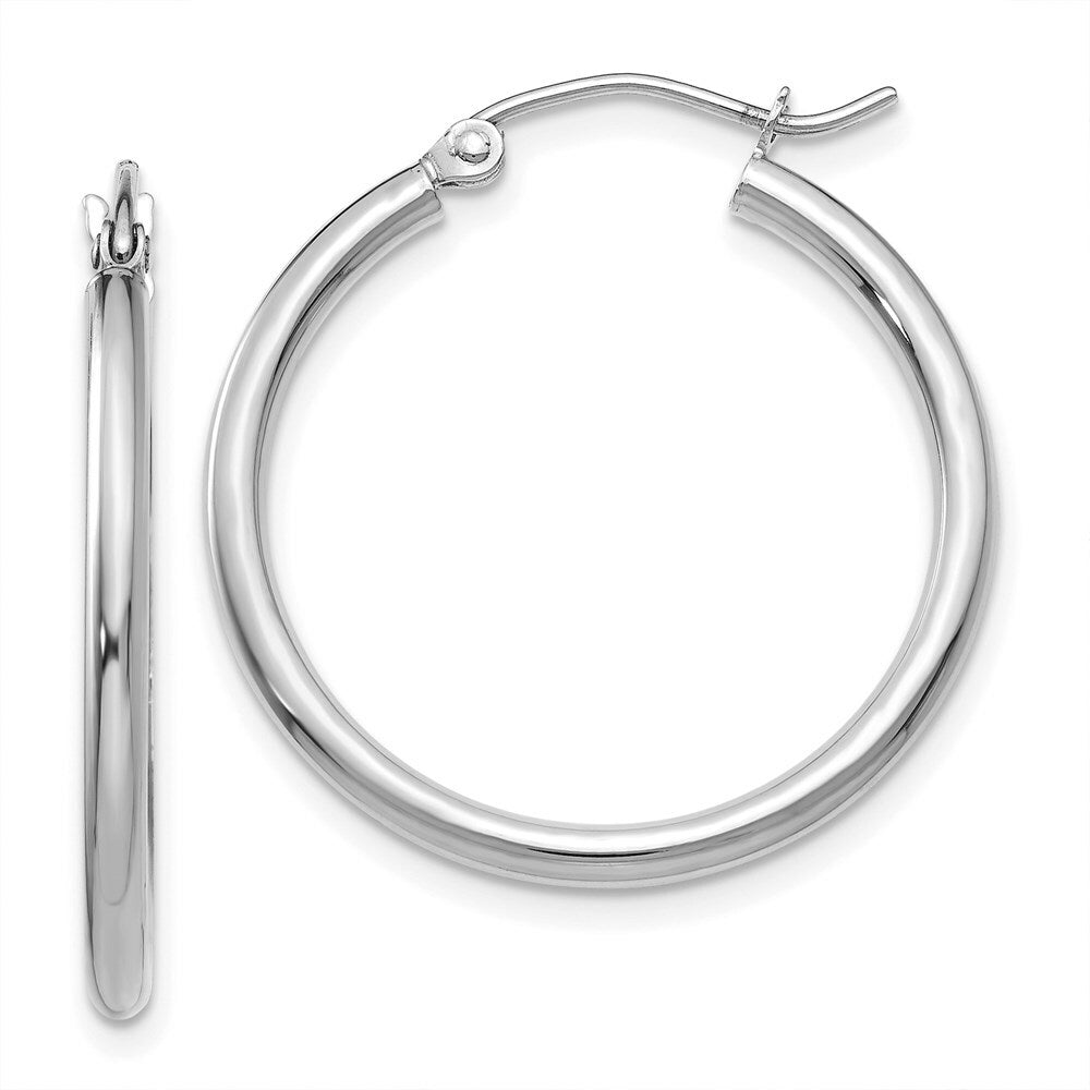 14K White Gold 2mm Round Hoop Earrings  25mm length
