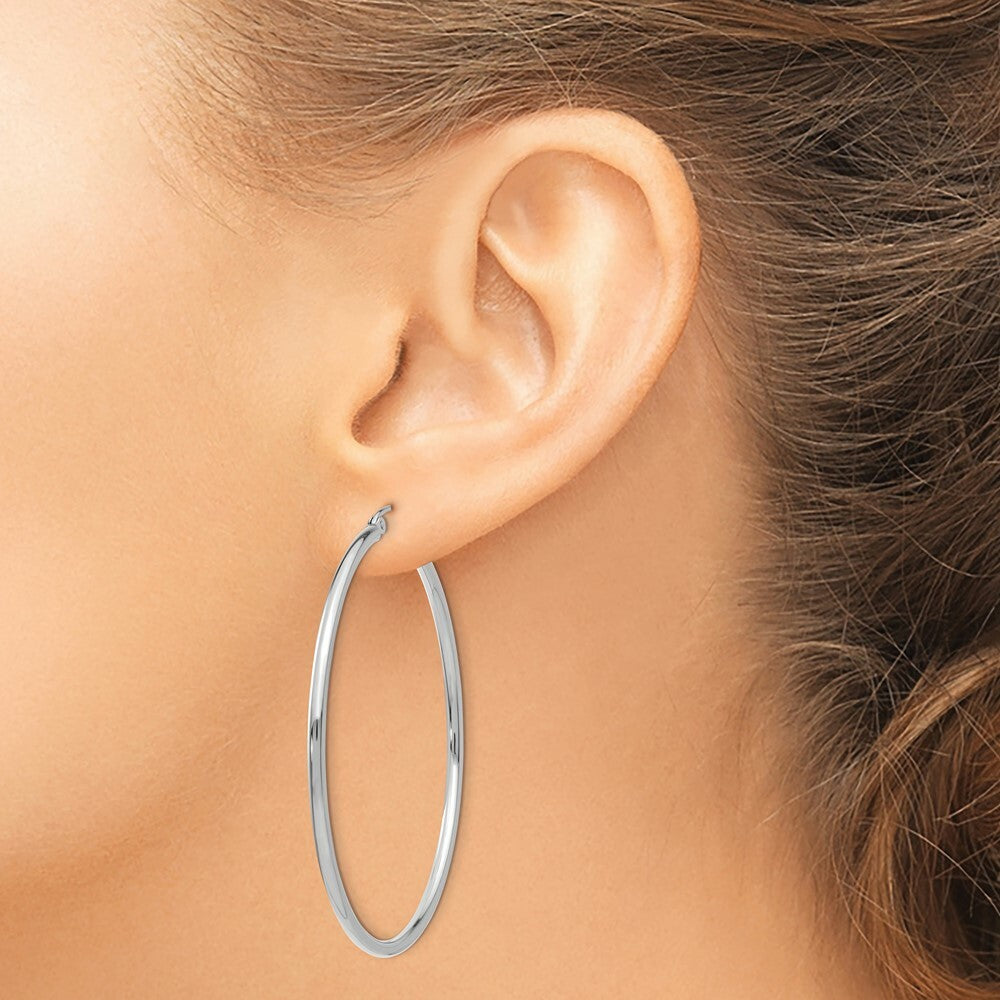 14K White Gold 2mm Round Hoop Earrings  50mm length