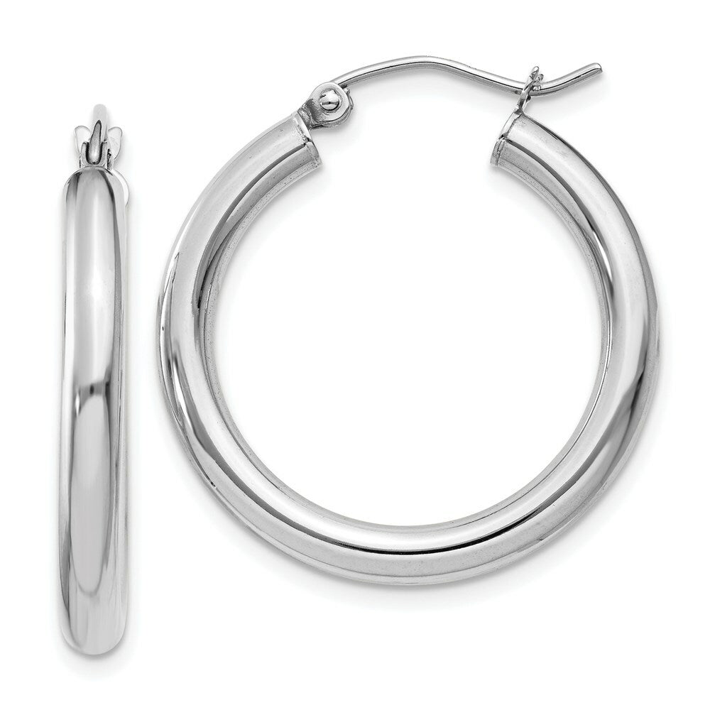 14K White Gold 3mm Round Hoop Earrings  25mm length