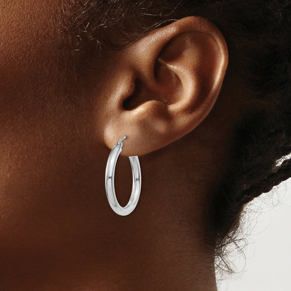14K White Gold 3mm Round Hoop Earrings  25mm length