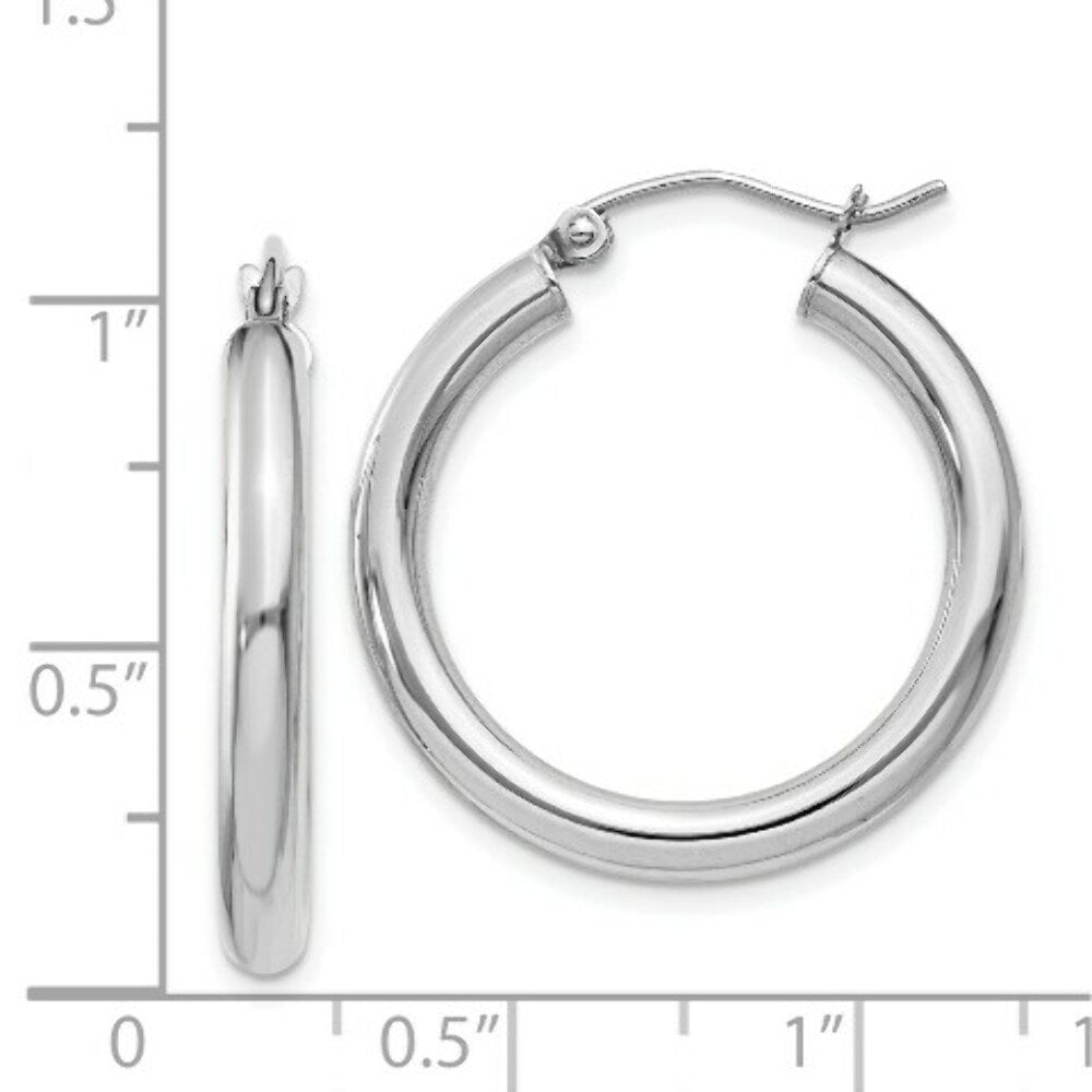 14K White Gold 3mm Round Hoop Earrings  25mm length