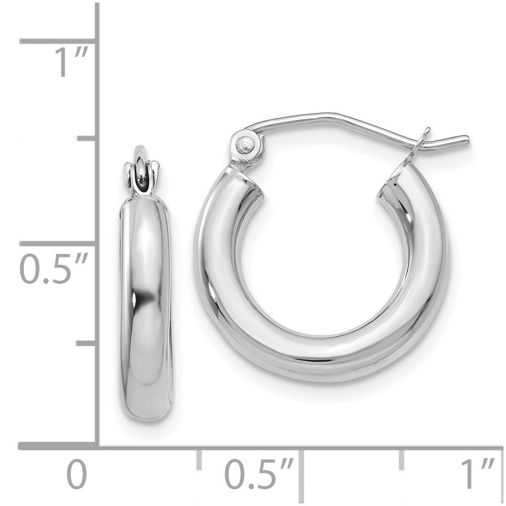 14K White Gold 3mm Round Hoop Earrings  16mm length