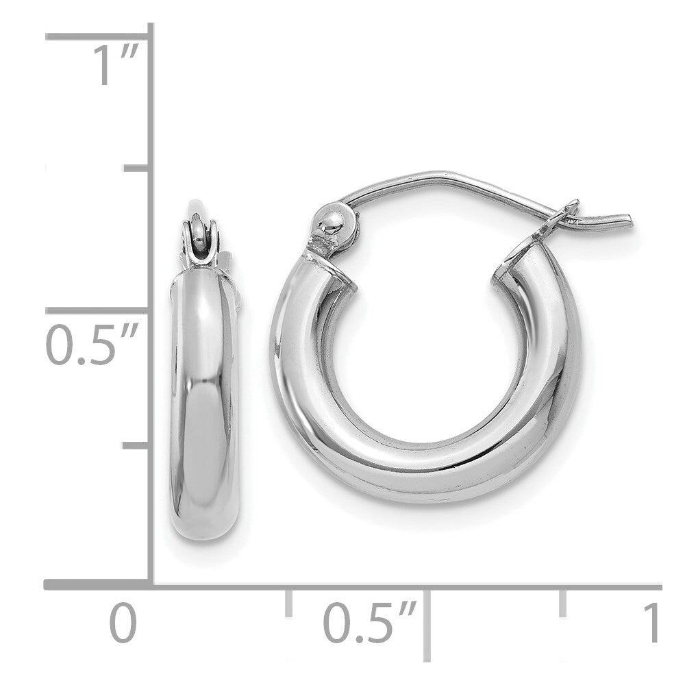 14K White Gold 3mm Round Hoop Earrings  14mm length