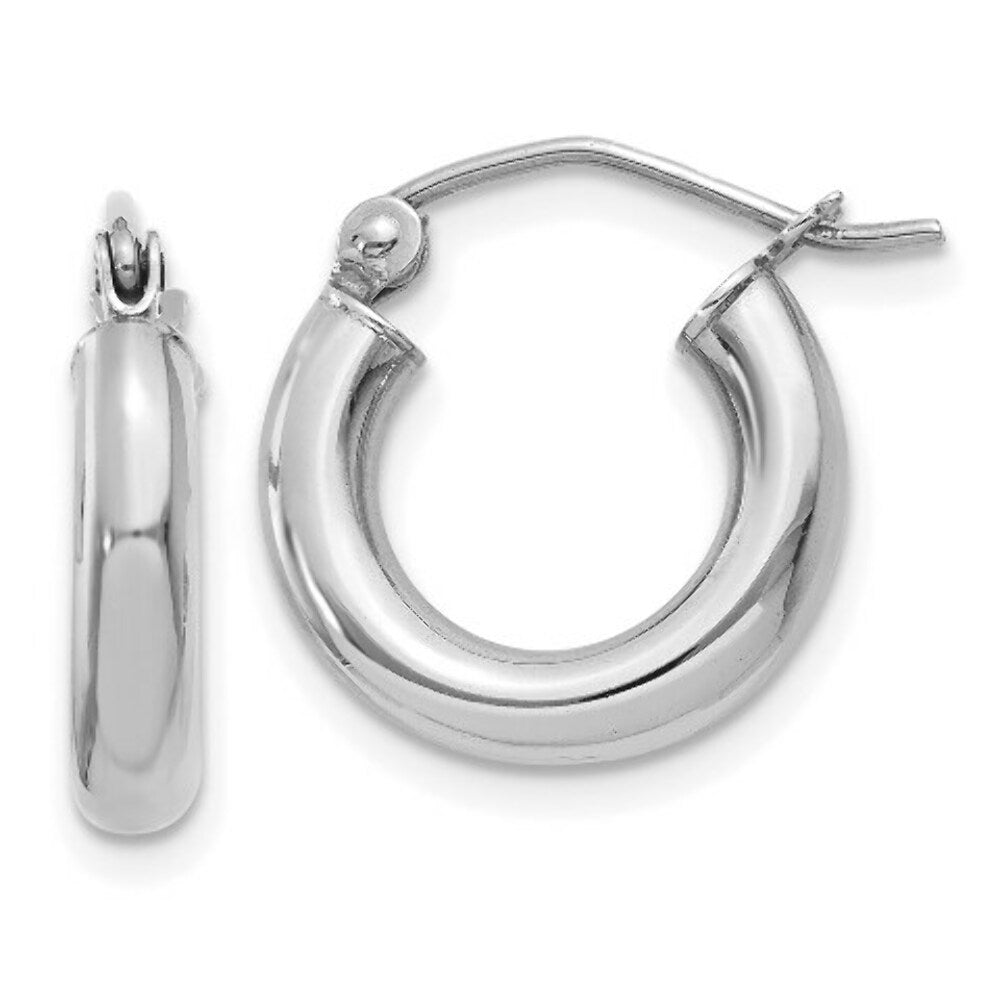 14K White Gold 3mm Round Hoop Earrings  14mm length