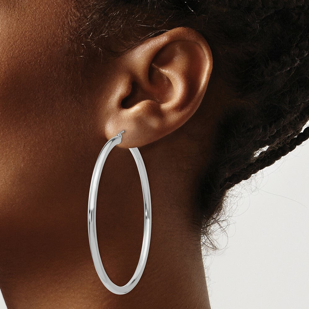 14K White Gold 3mm Round Hoop Earrings  60mm length