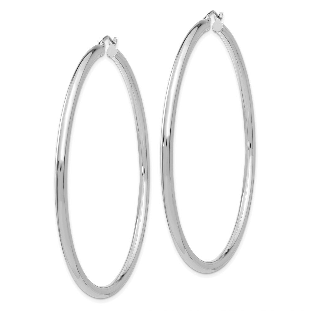 14K White Gold 3mm Round Hoop Earrings  65mm length