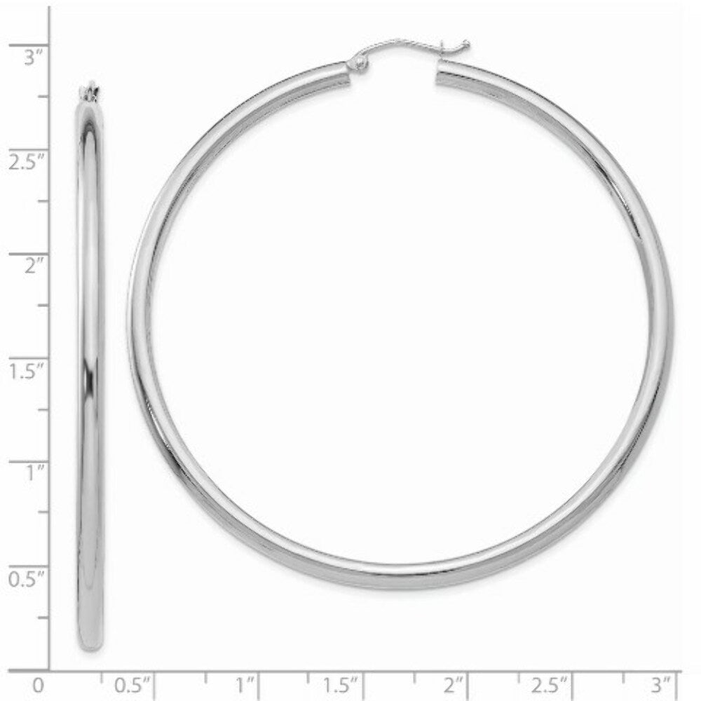 14K White Gold 3mm Round Hoop Earrings  65mm length