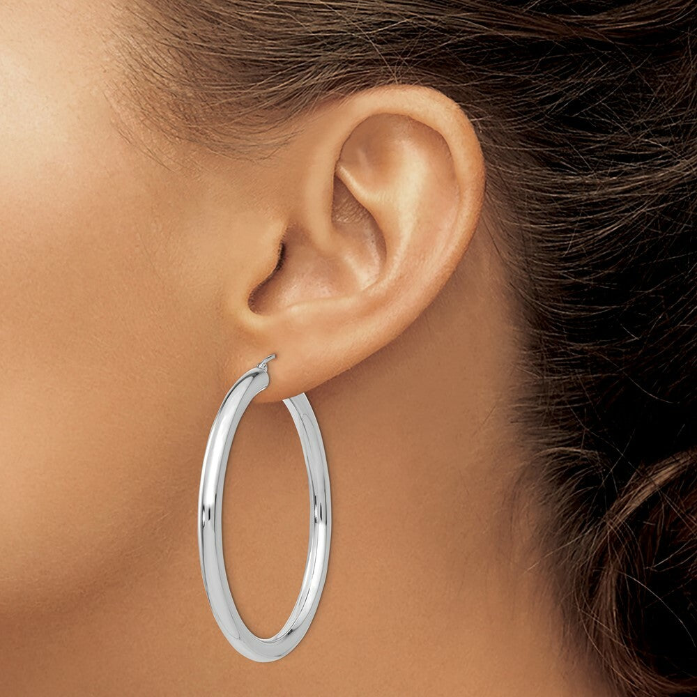 14K Yellow Gold Polished 4mm Lightweight Round Hoop Earrings 50mm length
